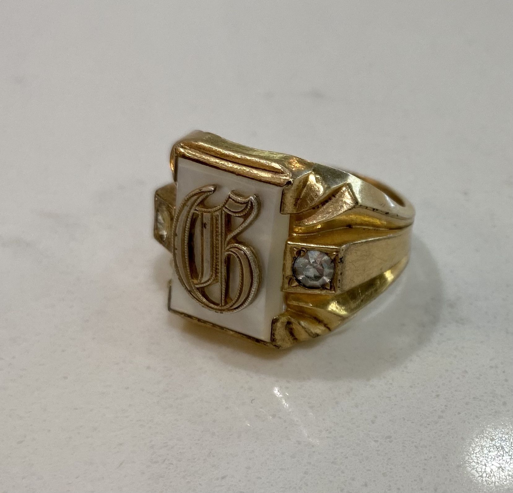 Mens 1/30 14K RGP Gold Ring with Mother of Pearl & Diamond - 0.25g Vintage