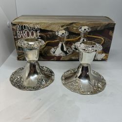 Godinger 20th CENTURY BAROQUE - Set of 2 Silver Plated Candlesticks 4”  IOB