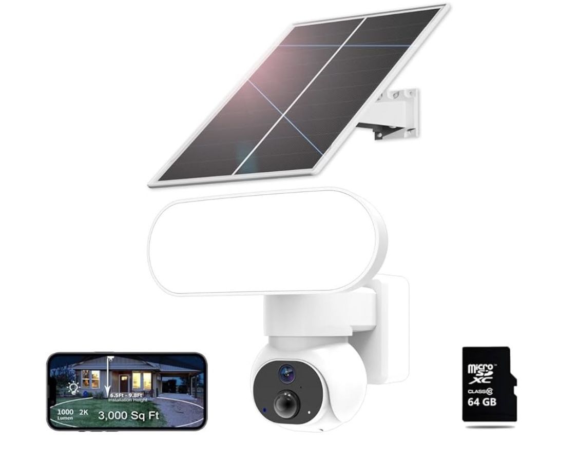 Solar-Powered Floodlight Security Camera with Battery(64GB SD Storage)NO MONTHLY FEE