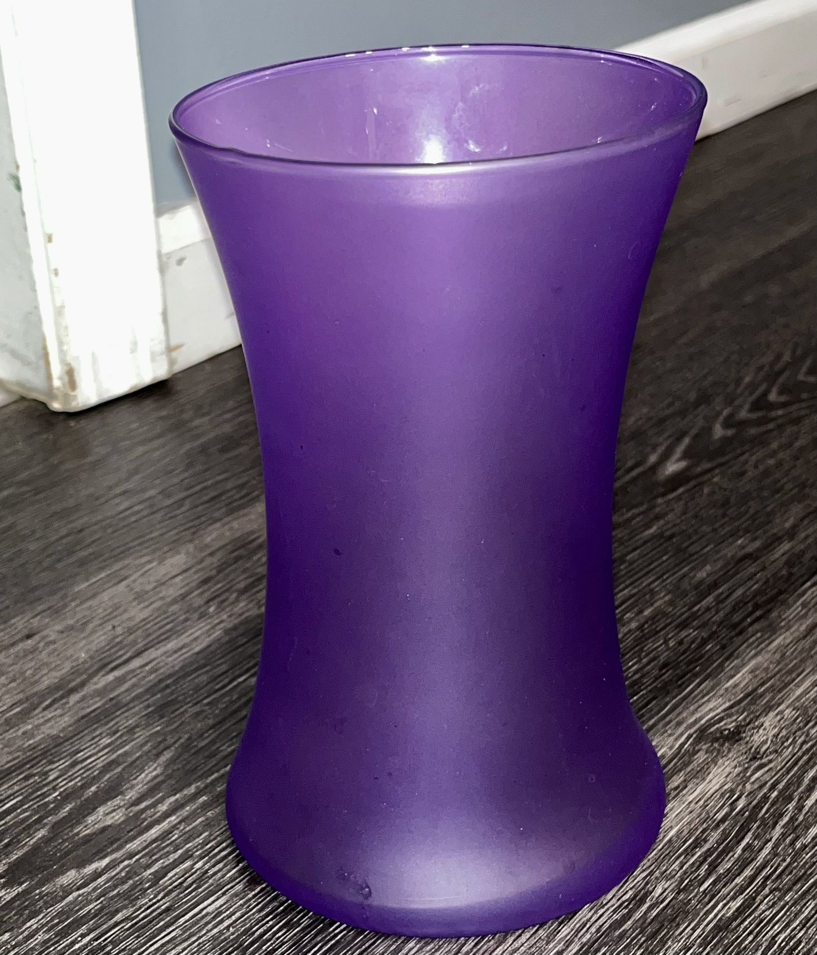 purple glass vase, 8” tall