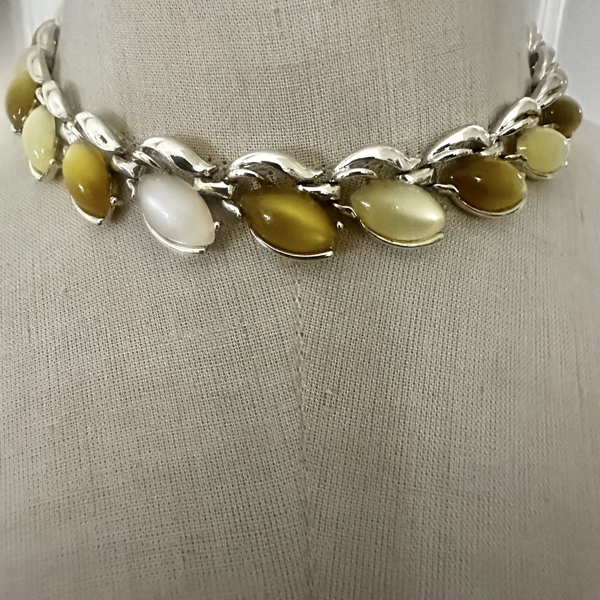 Vintage Moonglow Lucite Leaf Choker Necklace, Silver-Tone, Yellow & Ivory