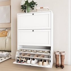 Shoe Storage Cabinet with 3 Flip Drawers, Shoe Cabinet with 3-Tier Shoe Rack & Adjustable Shelves, Shoe Organizer for Entryway, Hallway, White