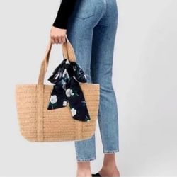 NEW Draper James Straw Bag with Navy Floral Scarf Beach Bag Tote Bag