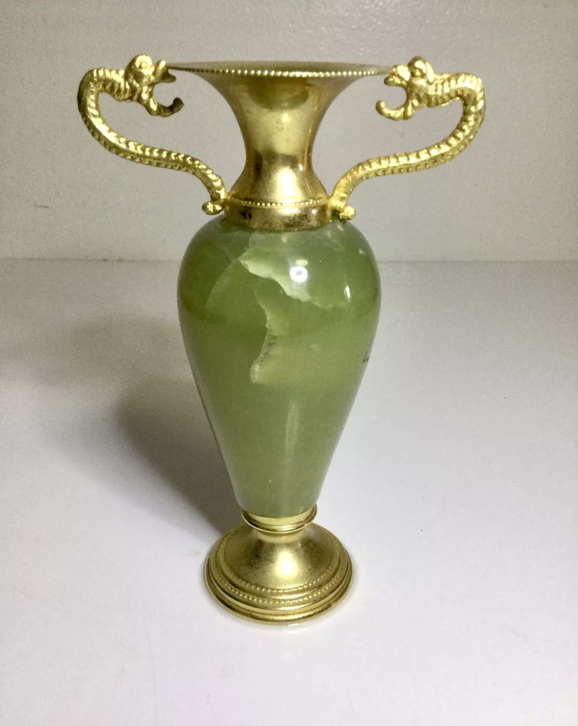 Vintage Jade Stone Carved Brass Vase 6” Tall