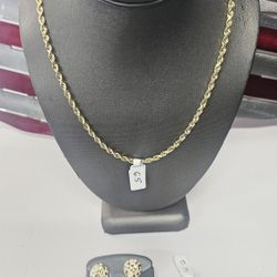 10k 24inch 4mm Semi Hollow Chain And 10k Size 11 Ring And 10k Medium Earring