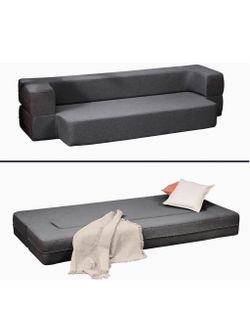 Folding Couch Bed, Flip Out Convertible Sofa Bed, Comfy Floor Couches for Small Spaces, Memory Foam Mattress, Linen Fabric Dark Grey