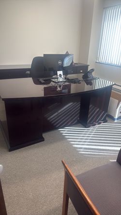 Lacquered dark mahogany desk and credenza