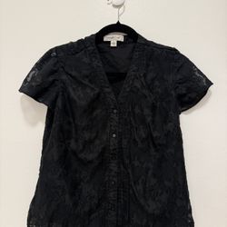 Women’s Black Lace Button Down Top Size Medium Short Sleeve