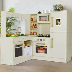 Kids Corner Play Kitchen Wooden Toddler Kitchen Playset Pretend Play Cooking Toys with Lights & Sounds, Refrigerator, Water Dispenser, for Age 3+ Girl