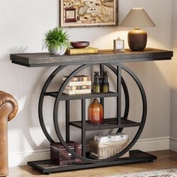 41.3" Console Table, Industrial 4-Tier Table Entryway with Circle Base, Narrow  Accent Tables with Storage Shelves , Charcoal gray Y-67