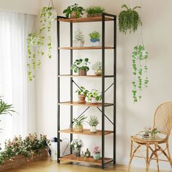 🎉 Book Shelf, 6 Tier Tall Bookshelf, Modern Wood Bookcase Shelves for Bedroom, Industrial Display Shelf for Living Room Home Office Kitchen, Standing