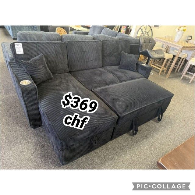 Black Corduroy Sectional Sleeper Sofa With Pull Out Bed   // Black Friday Sale 