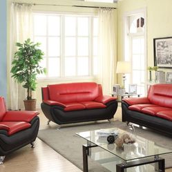 😍🔥 Brand New Leather Red & Black Sofa + Loveseat - Chair | Pay After Delivery 🚚