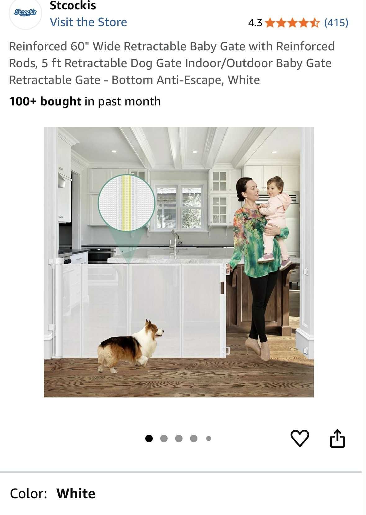 Stcockis Reinforced 60" Wide Retractable Baby Gate W/ Reinforced Rods White 33” H New In Box