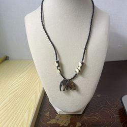 Hand Carved Elephant Pendant With Black Beaded Chain And Two Large Cylindrical Beads With Batik-like Pattern African 