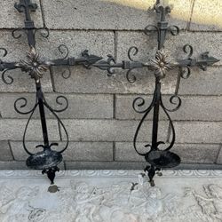 2 VTG: Wrought Iron Black Cross with Candle Holder 24x15.5” 