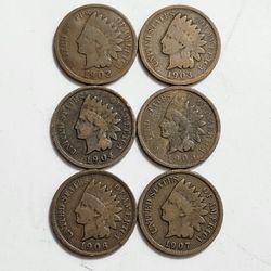 6 Antique Indian Head Cent Coins