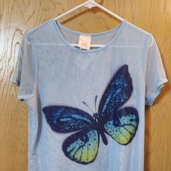 NWT Women's Light Blue See-through Butterfly Shirt Size 1X