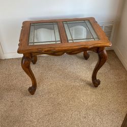Oak and glass end Table H22”W30” D23”