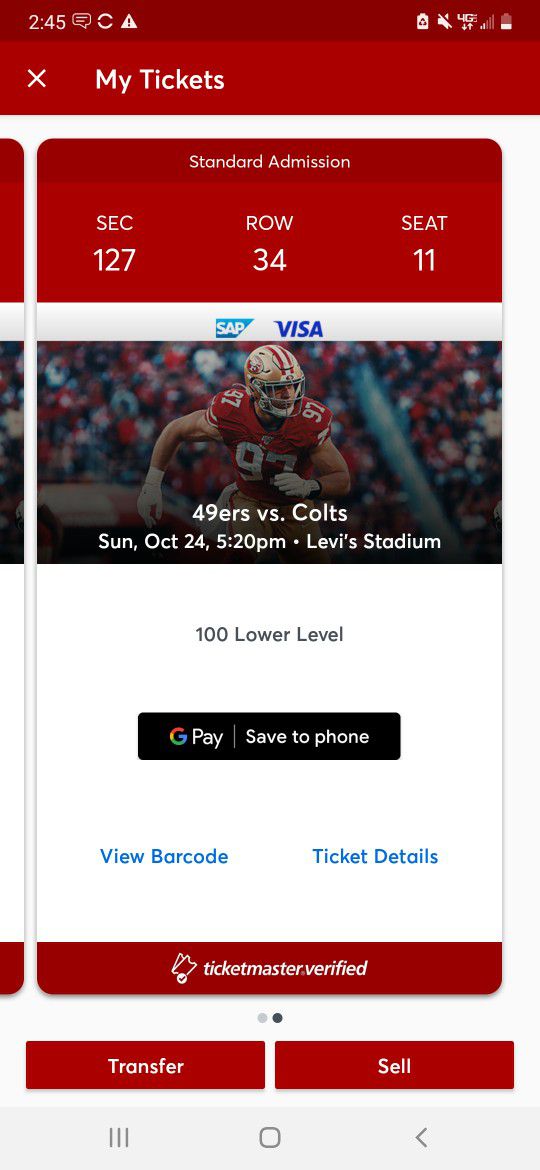 2 Tickets To 49ers Vs Colts. Today Sunday 10/24/21