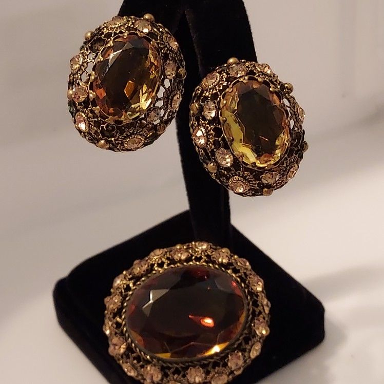 Vintage Amber Color Stones Earrings & Pin Set