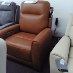Genuine Leather Interior Power Recliner Chair,  Adj. Head Rest in Caramel Color.