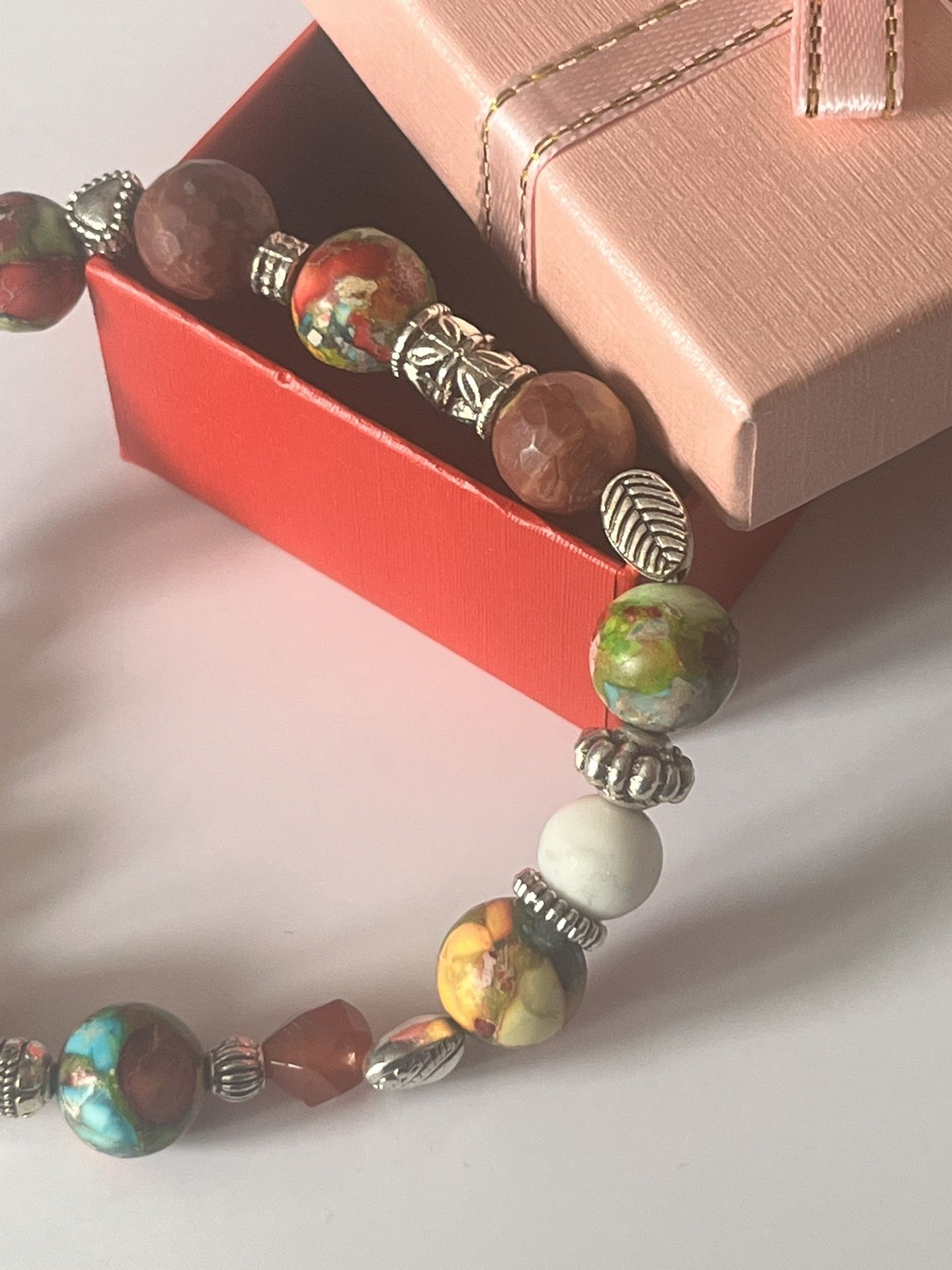 Large Handmade Gemstone Bracelet – Red Jasper, Hematite, Picasso & Imperial Jasper with Silver-Coated Copper Spacers 
