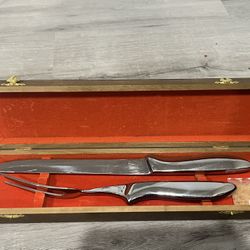 Vintage Stainless Steel Knife Carving Set With Wood Box