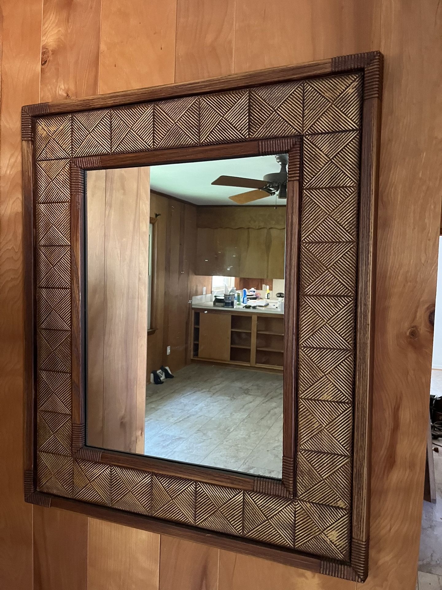 Hand-Carved Wood Geometric Mirror – Rustic Modern Look
