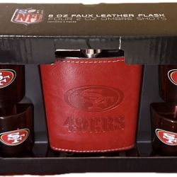 49ers 8oz Faux Leather Flask W/ 4 Shot Glasses 