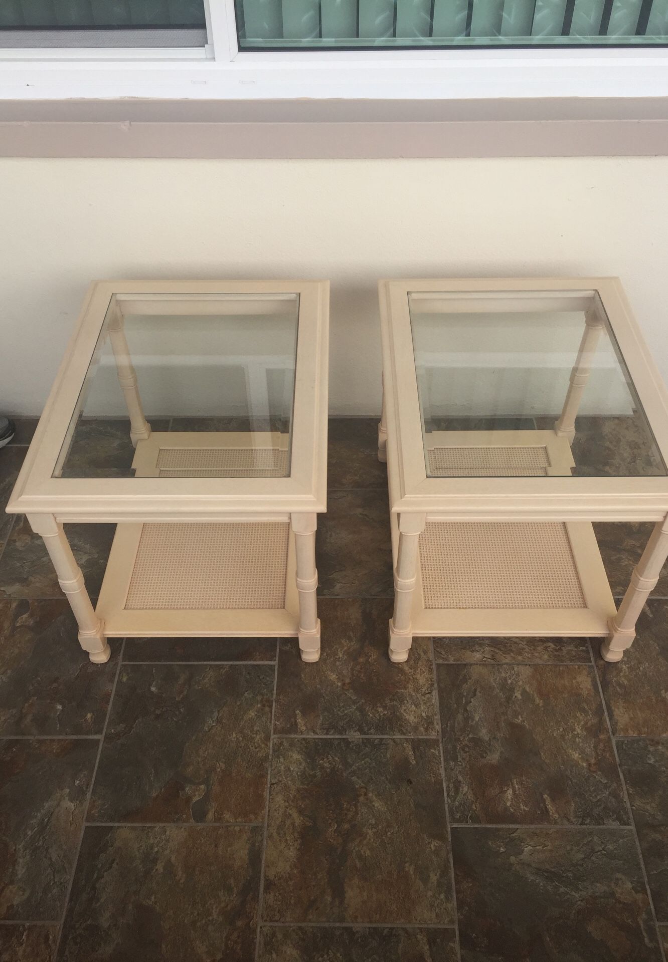 Real Wood Glass Top Wicker Bottom End Tables/Server Tables
