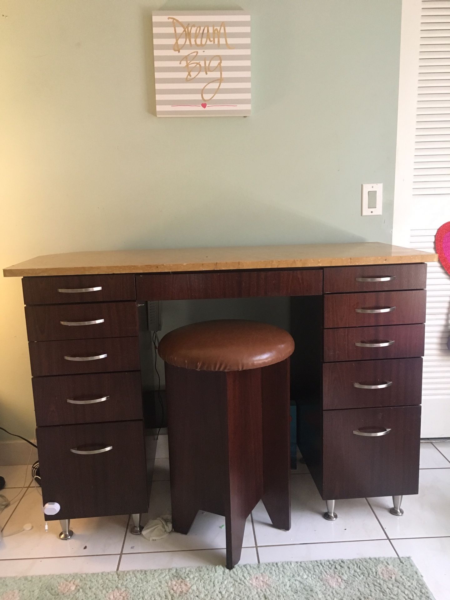 Real Marble top wooden desk and stool