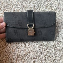 Dooney & Bourke Signature Monogram Classic Checkbook Wallet Lock Black & Red