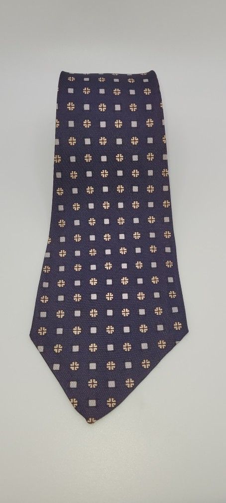 51x3 Unbranded Polyester Necktie Blue Gold White Square Pattern