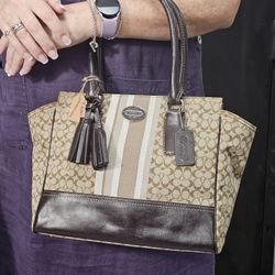 Coach Legancy Khaki Signature Stripe Jacquard And Brown Leather Trim Carry-all  Handbag