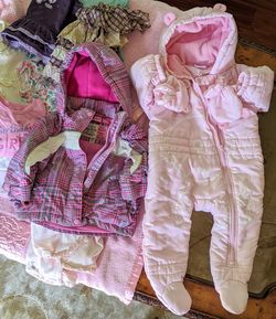 Baby clothes till 1 y.o. Blankets, Pink Bear jacket, tunics, purple dress, costume, onesies, winter jacket, suit, gloves, mittens, hats...