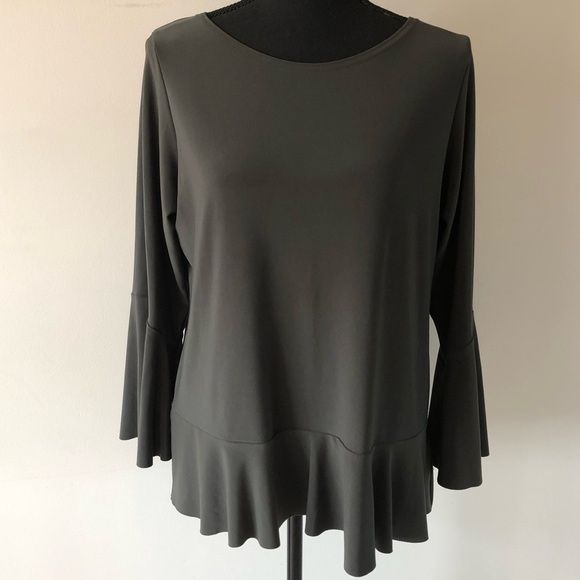 Womens Sympli Nu Peplum Dark Green Bell Sleeve Top Size 12