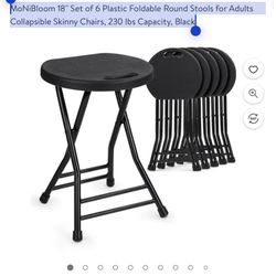 New in box MoNiBloom 18" Set of 6 Plastic Foldable Round Stools for Adults Collapsible Skinny Chairs, 230 lbs Capacity, Black, A08-Ch-004-6p-bk