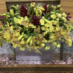Yellow Faux Flowers in Silver Metal Rectangular Vase - See measurements