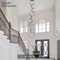 118" Modern Chandelier 10 Ring Black LED Pendant Light Staircase Chandelier for High Ceilings,Foyer Chandeliers Entryway Adjustable Height Hanging Cei