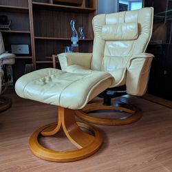 Ekornes Stressless Style Yellow Leather & Teak Lounge Chair Recliner & Ottoman by IMG of Norway 