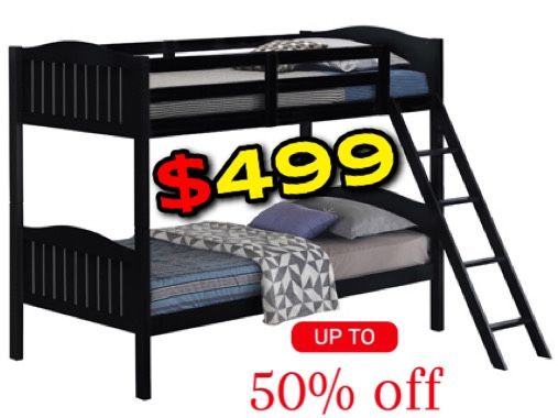 Twin/Twin Black Wooden Bunk Bed W. Orthopedic Mattresses
