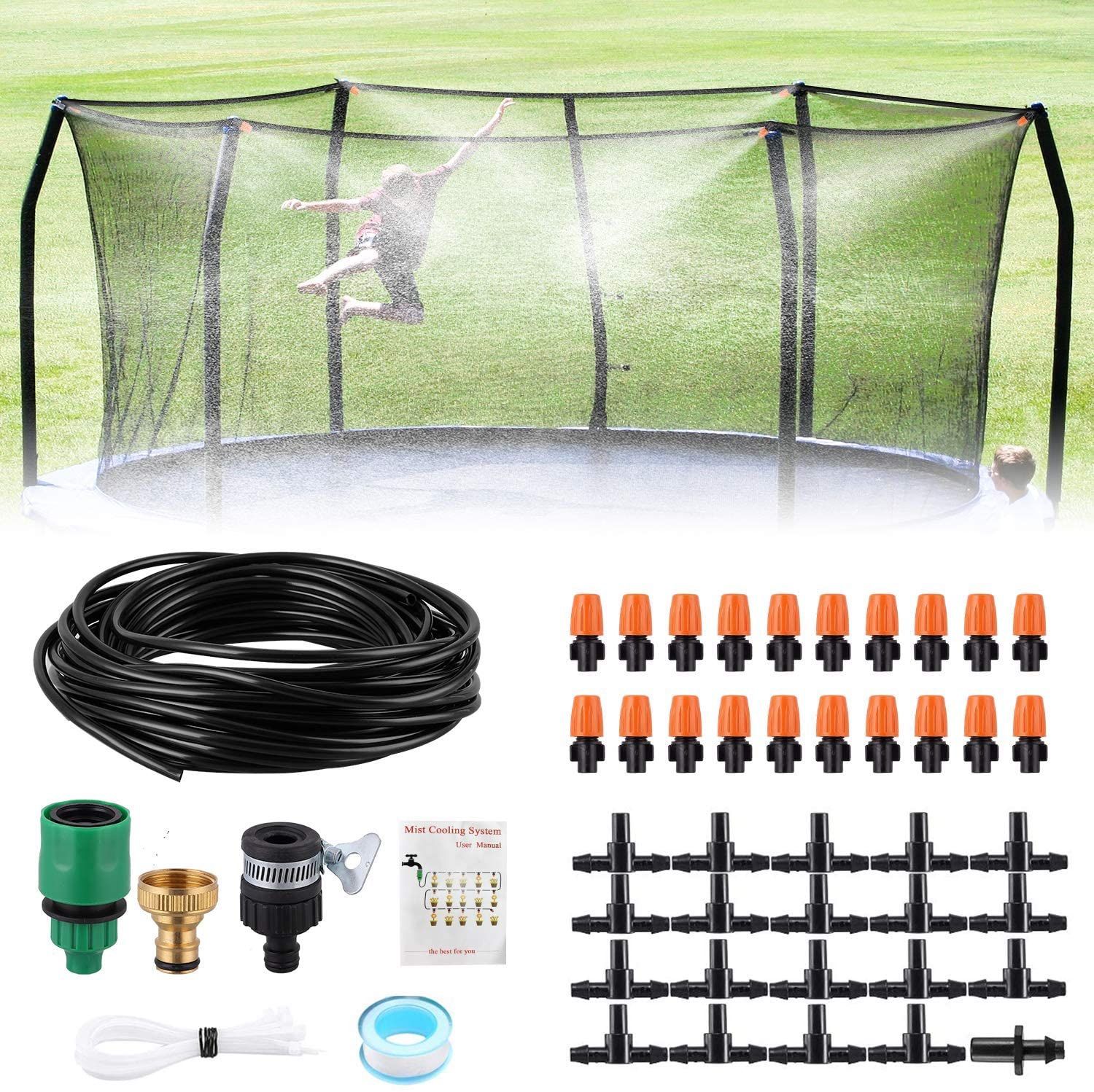 New Trampoline Misting Kit 50ft / 20 Nozzles Outdoor Cooling System Pool Patio Garden