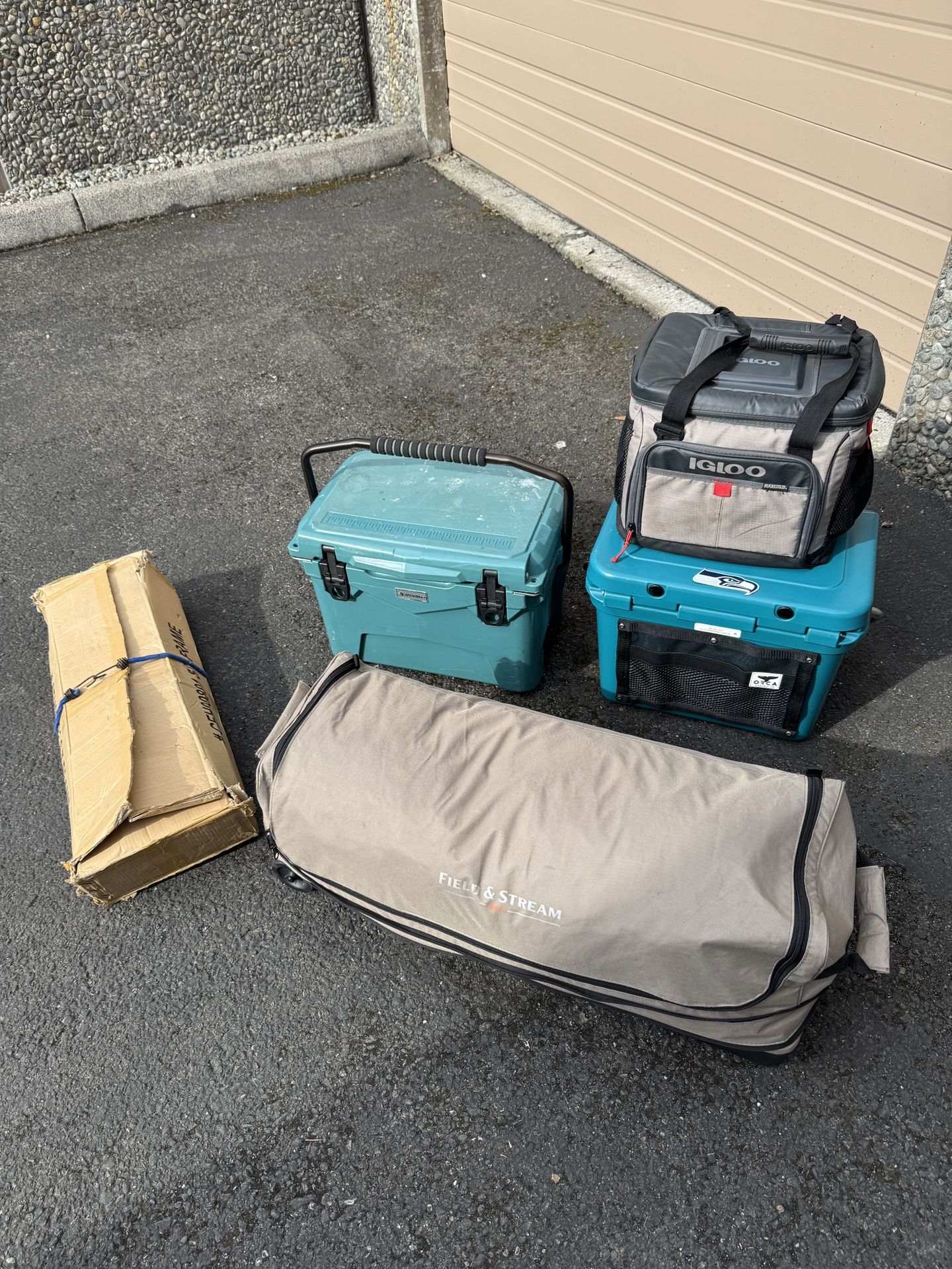 Camping Bundle - Orca Cooler, Treeline Cooler, Igloo, Field & Stream Tent