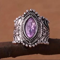 Luxurious Ring Faux Silver Purple  Gemstone Saphire Horse Eye Resin Size 10 - Tribal Jewelry Weddings - Rare Diamond Style For Bride Stylish Zirconia