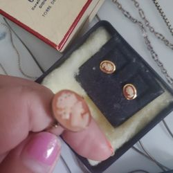 Cameo Gold Plated Sterling Silver Vintage Ring And Earrings