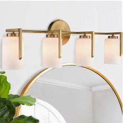 Farmhouse Gold Vanity Light for Bathroom, 4- Light Frosted Opal Glass Cylinder Light Shade Fixture. New