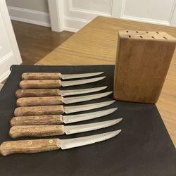 Vintage Lifetime Cutlery Old Homestead Steak Knife Set of 8 With Block 