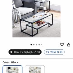 Black Metal Glass Coffee Table - Simple Center Coffee Table for Living Room Home, Metal Frame Coffee Table with 2 Shelves,Modern Table for Bedroom, Di