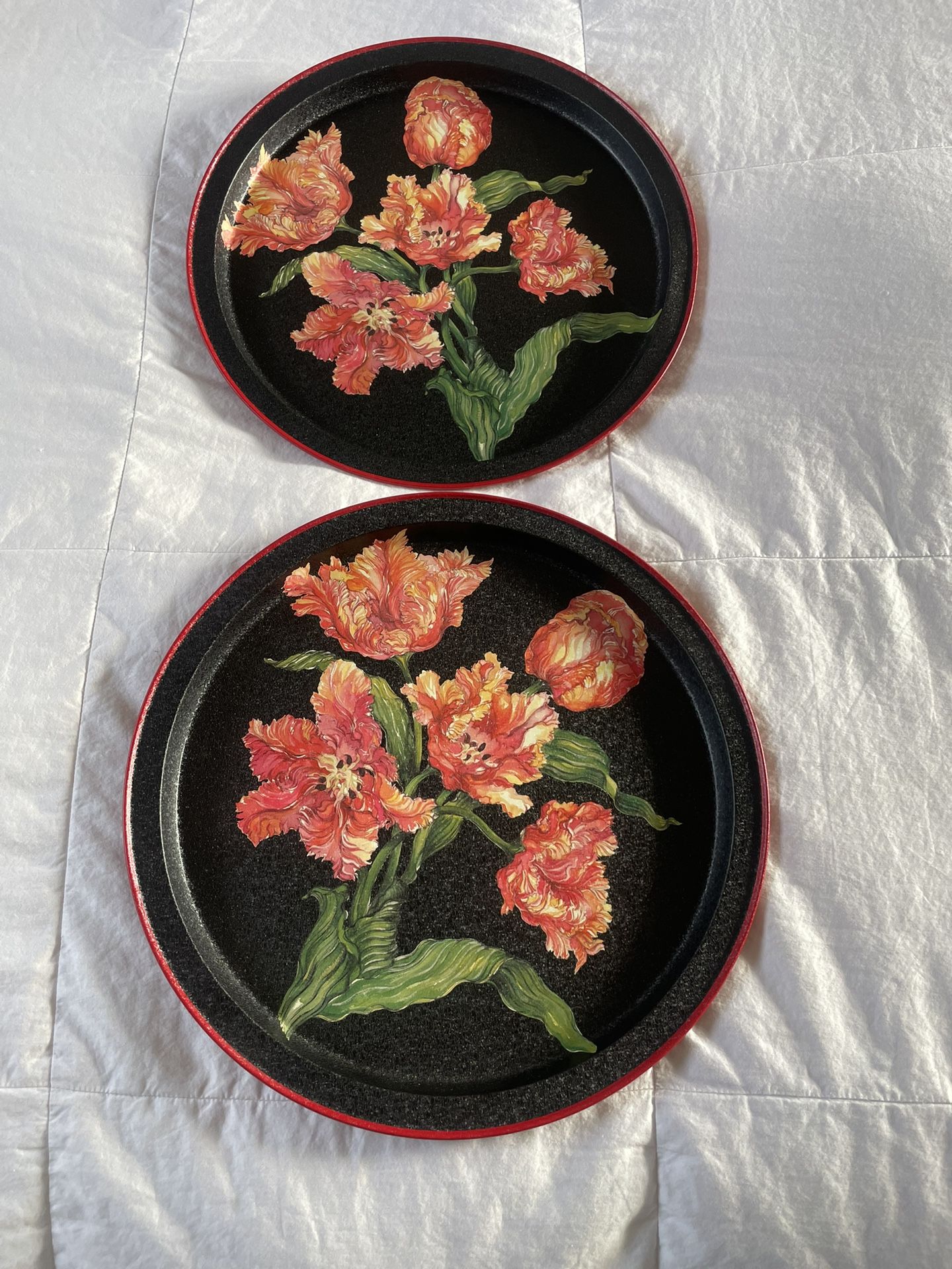 Set of 2 NEW Fancy Tulips Flower Enamel Metal Serving Tray Vintage 1993 by Christina Ladas